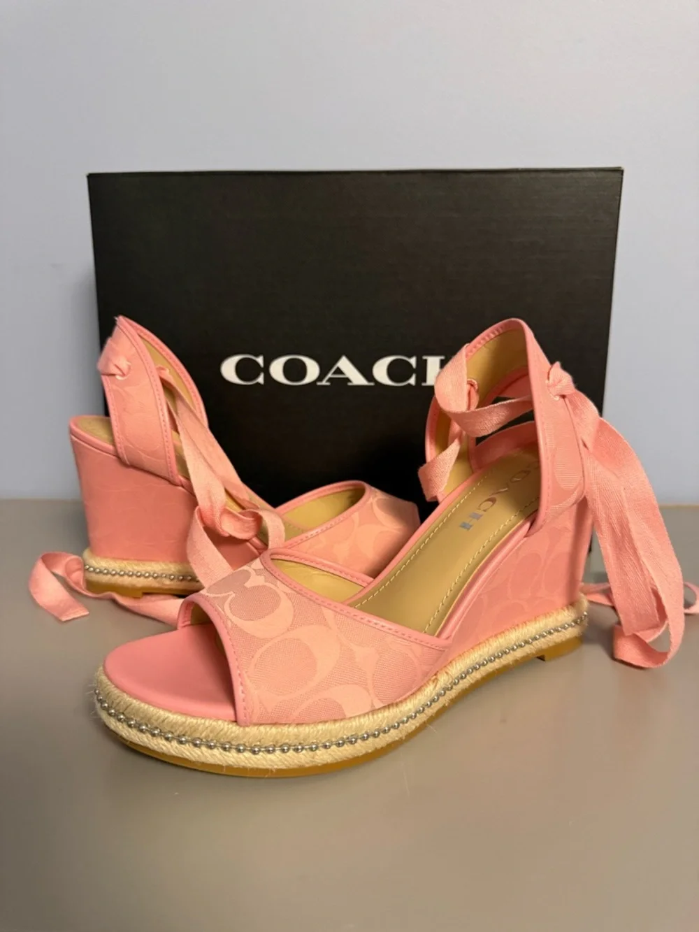 NEW Coach Pink Signature Espadrille Wedge Sandals with Ankle Wraps 6.5 - Picture 2 of 7
